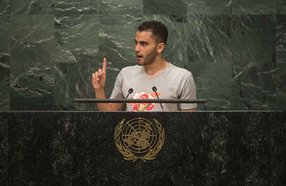 Mohammed Badran, of Syrian Volunteers in the Netherlands (SYVNL), addresses the opening segment of the United Nations high-level summit on large movements of refugees and migrants.
