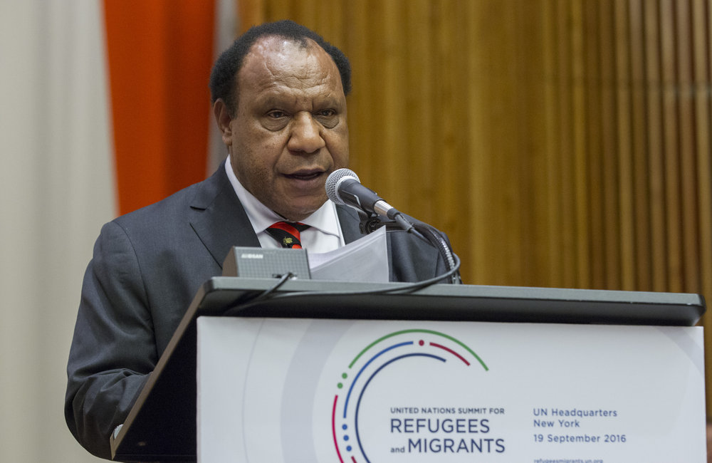 Rimbink Pato, Minister for Foreign Affairs of Papua New Guinea of the Independent State of Papua New Guinea, addresses the United Nations high-level summit on large movements of refugees and migrants.